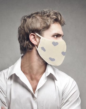 PASSION Reuseable Two Layer Cotton Face Mask, Grey Hearts on Yellow Background, One Size